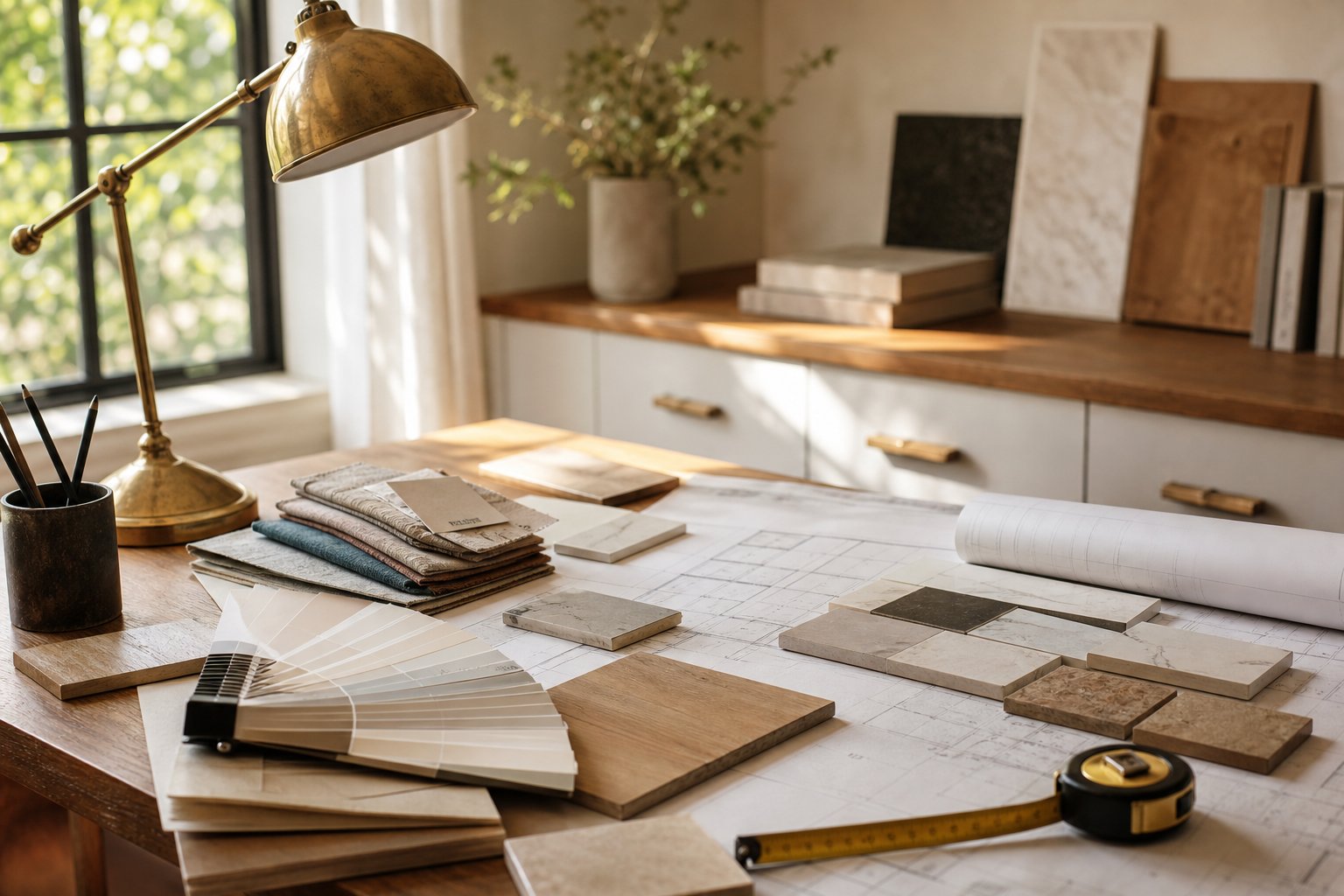 Warm designer workspace with samples and home planning materials