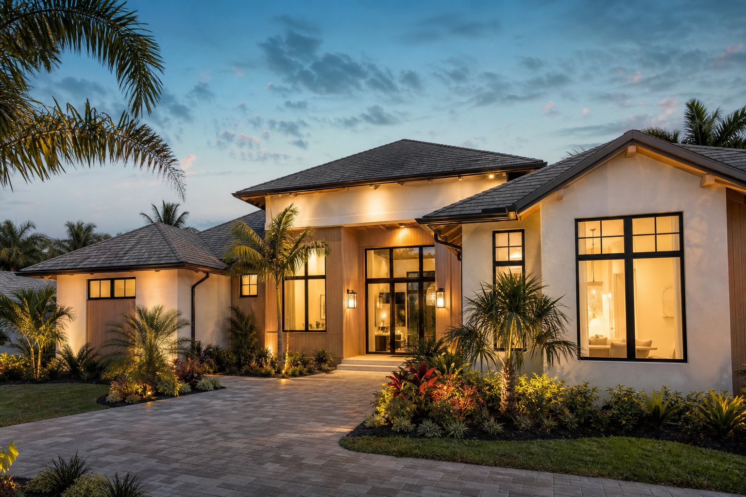 Welcoming renovated home surrounded by tropical landscaping